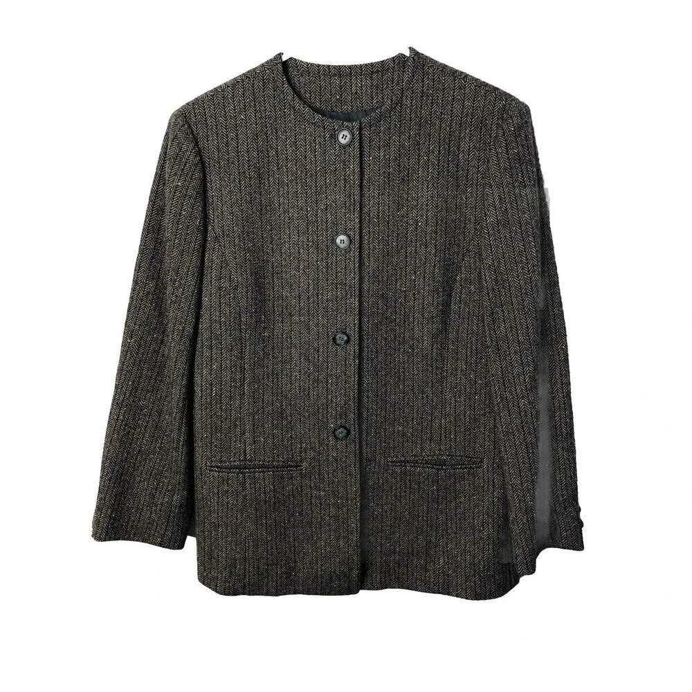 Vtg Pendleton Womens Virgin Wool Blazer Sz M Button Up Brown Herringbone Brown